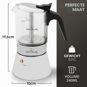 Espressomachine, hoogwaardige koffiekoker van roestvrij staal en borosilicaatglas, voor alle soorten fornuizen, incl. portioneerlepel en onderzetter