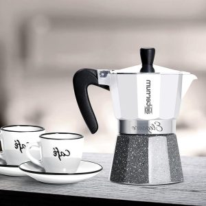 Espressomachine set van 3 kopjes met 2 schoteltjes - aluminium meerkleurig - 30 x 20 x 15 cm - 6 stuks