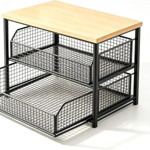 Espressomachinestandaard met twee verdiepingen met uittrekbare roostermand, koffiebar organizer voor espressomachine, minioven, luchtfriteuse, houten plaat en metalen frame, zwart