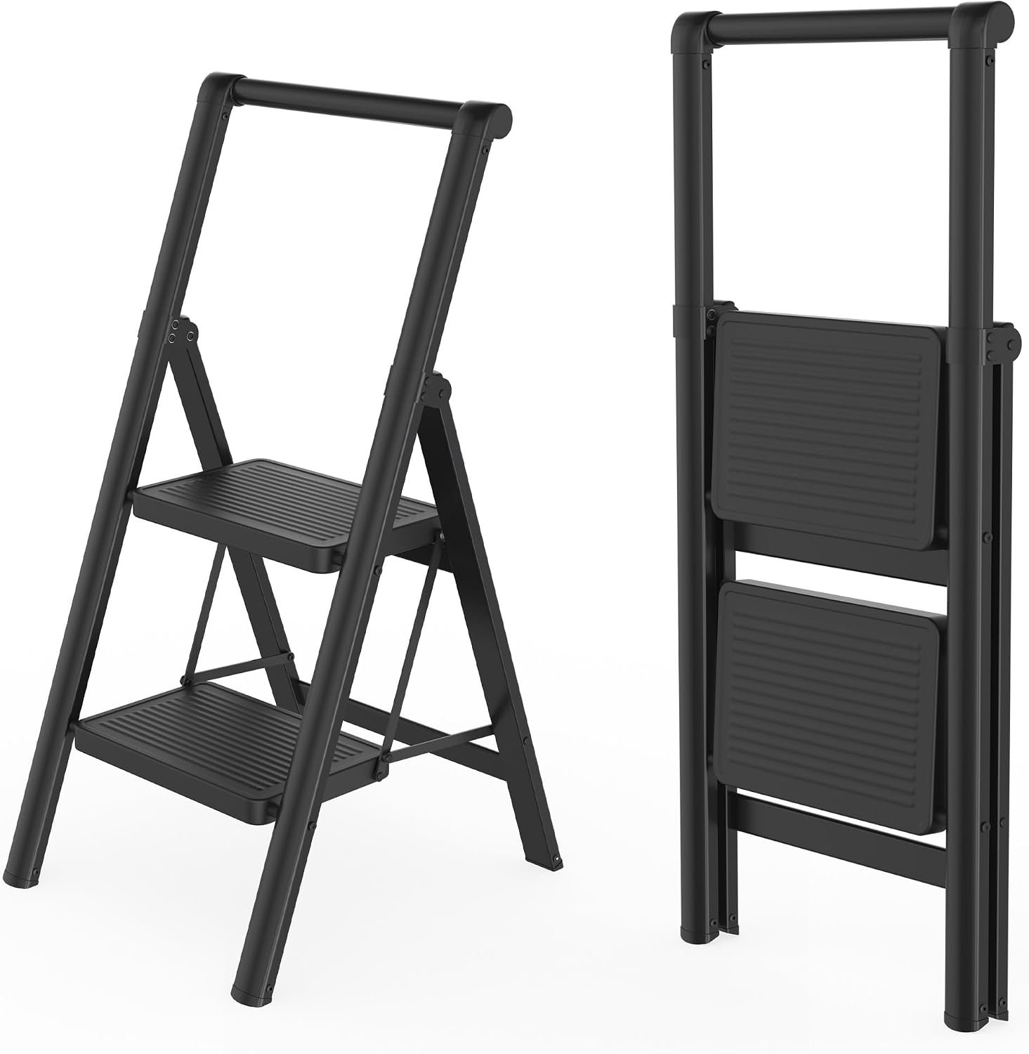 FIVMEN Trapladder, 2 treden, inklapbare ladder, vouwladder, huishoudladder, opstapje met brede treeplank, 30 x 20 cm en leuningen tot 270 kg belastbaar, zwart