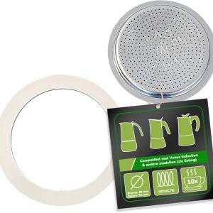 Filter en pakking voor espressomachine, compatibel met espressopotje voor 10 kopjes, Ø buiten 85 mm, 8,5 cm, Ø binnen 77 mm, 7,7 cm, vervangende pakking, afdichtring