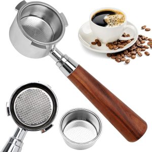 Filterhouder zonder bodem 51 mm - roestvrij staal - houten handvat - voor DeLonghi espressomachines - ShopVlot