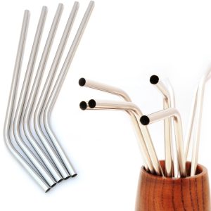 Ganzoo roestvrijstalen drinkrietjes herbruikbaar, metalen rietjes in zilver, 20 cm lang en 6 mm diameter, set van 5 voor cocktails, longdrinks, smoothies, sap en ijskoffie