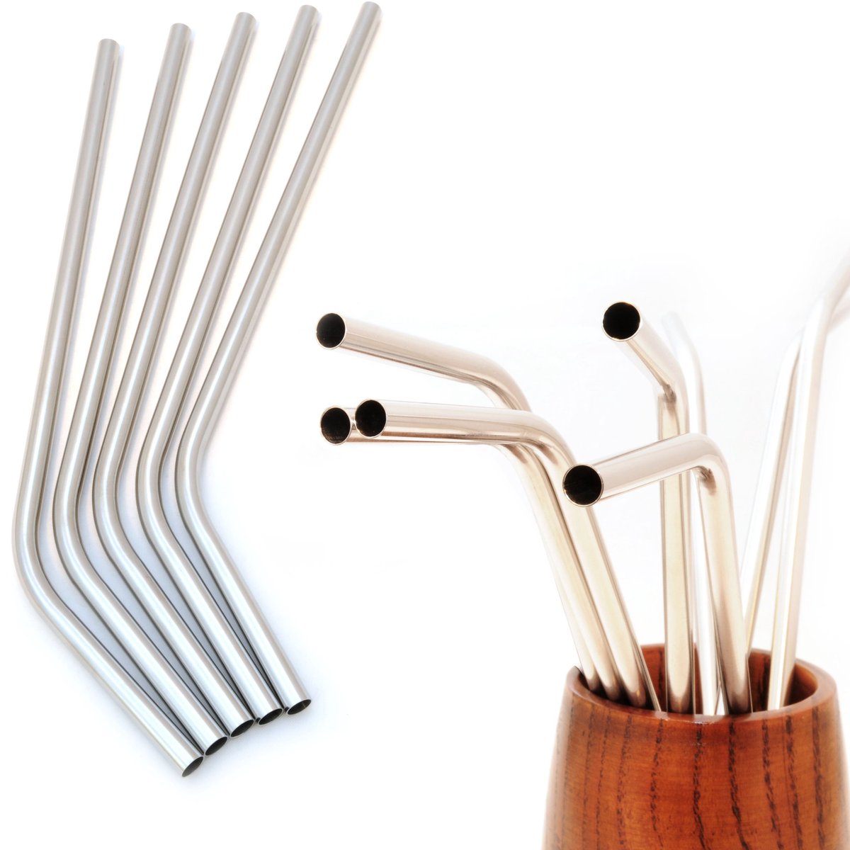 Ganzoo roestvrijstalen drinkrietjes herbruikbaar, metalen rietjes in zilver, 20 cm lang en 6 mm diameter, set van 5 voor cocktails, longdrinks, smoothies, sap en ijskoffie