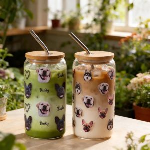Gepersonaliseerde Glas Bekers - Tumbler met Deksel - Drinken van IJskoffie - Met Huisdier Portret - 16oz - Transparant
