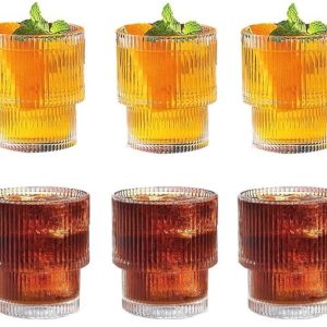Geribbeld drinkglas set - 6-delige 200 ml glazen in origami-stijl voor ijskoffie en cocktails
