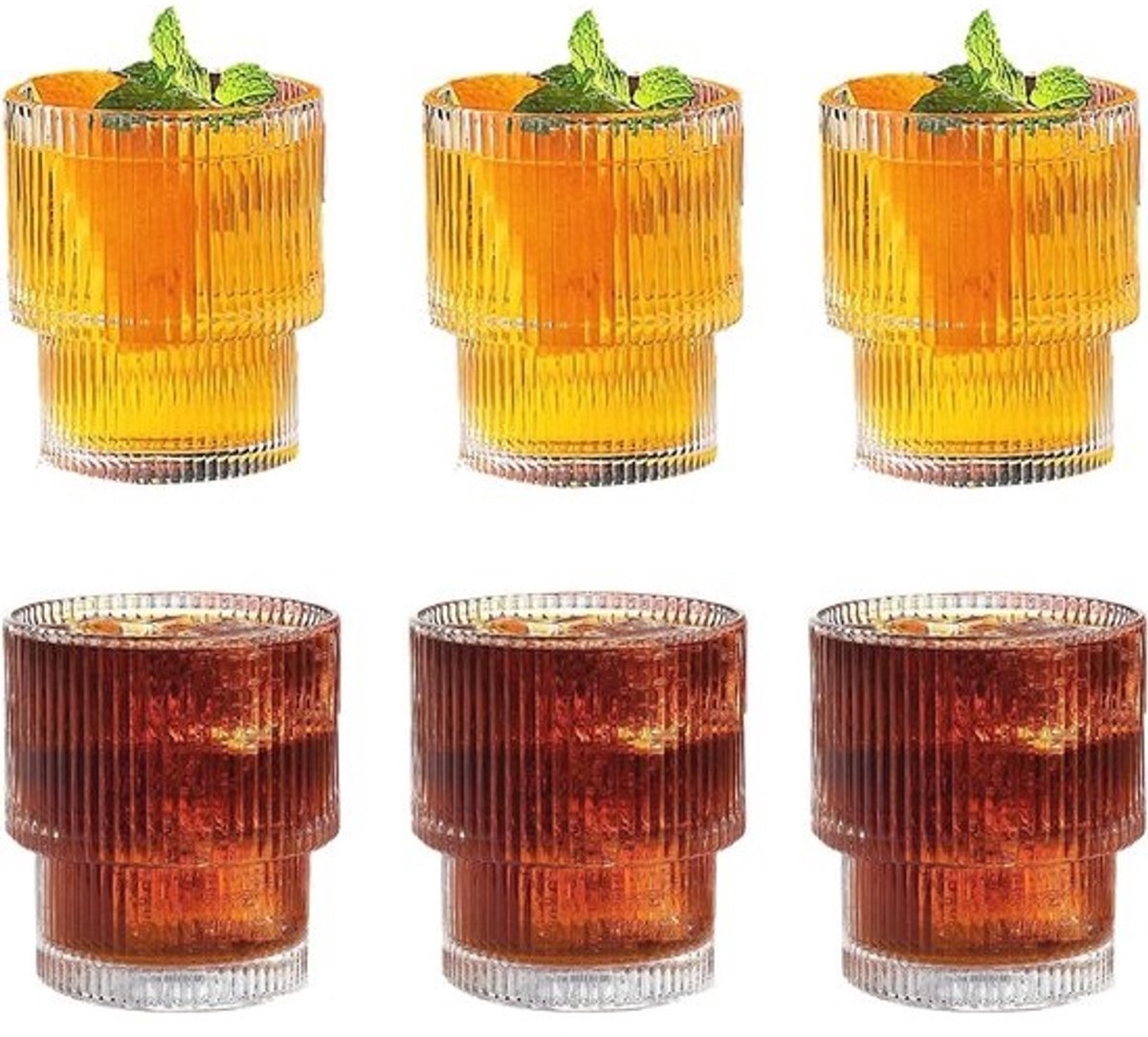 Geribbeld drinkglas set - 6-delige 200 ml glazen in origami-stijl voor ijskoffie en cocktails