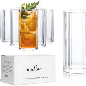 Geribbelde Longdrinkglazen Set van 6 - 370 ml, Vaatwasmachinebestendig, Ideaal voor Whisky, Bier, Sappen, Ijskoffie en Cocktails