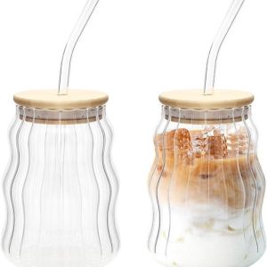Geribbelde drinkglazen - met glazen rietjes - Set van 2 - 530 ml - Vintage bubbelglas - voor ijskoffie - Longdrinks - Cocktails - Water - Stijlvolle golvende glazen beker - Esthetisch design