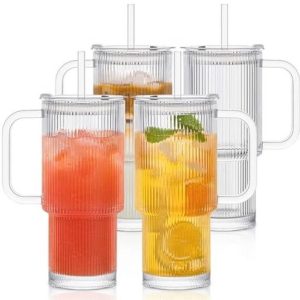 Geribbelde glazen beker met deksel en rietje - 760 ml - 4 stuks - Lekvrij en handzaam voor ijskoffie, smoothies en meer