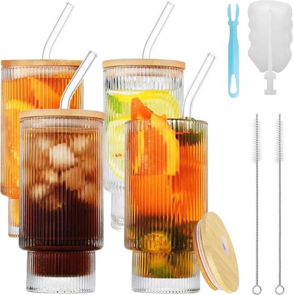 Geribbelde glazen met glazen rietje, 500 ml, glazenset voor cocktails, whisky, bier, ijskoffie, soda sappen (verpakking van 4-500 ml + houten deksel)