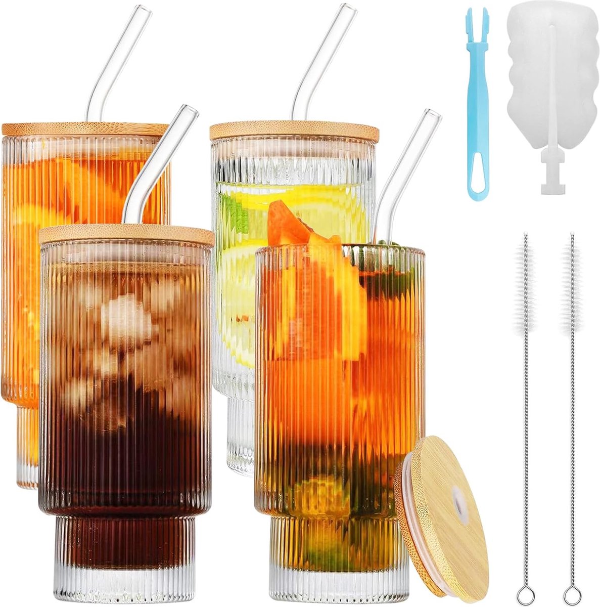 Geribbelde glazen met glazen rietje, 500 ml, glazenset voor cocktails, whisky, bier, ijskoffie, soda sappen (verpakking van 4-500 ml + houten deksel)