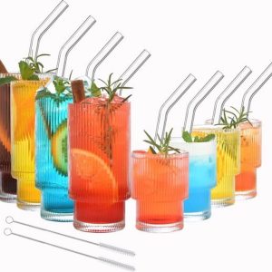 Geribbelde glazen met rietjes - Set van 8 vintage kopjes en bekers voor ijskoffie