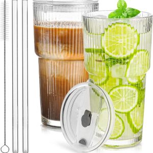 Geribbelde glazen set - Drinkbekers met rietje - IJskoffie en smoothies - Lekvrij en praktisch - 4 stuks 600 ml