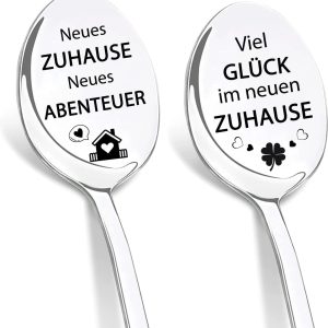 Geschenk voor intrek, intreksgeschenken voor vrouwen, set van 2 koffielepels met gravure "Veel geluk in je nieuwe huis", inwijkgeschenk voor intrek in een nieuw huis, verjaardagsgeschenken