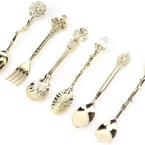 Gesneden Koffielepel, 6 Stks/set Theelepel Retro Zinklegering Dessert Koffie Servies Lepels Keuken (Goud (geluksknoop vork handvat))