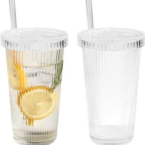 Gestreept Stroglas - Drinkbeker Koffieglas - IJskoffie Bereiden - Met Deksel - 23 cm Hoog - Transparant