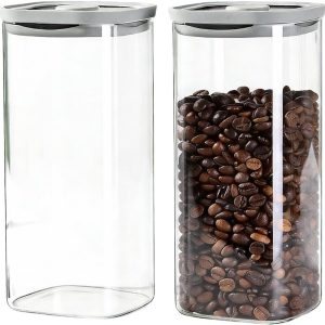 Glas voor koffiebonen (2 stuks), rechthoekig voorraadpot met deksel, insectenbestendige glazen doos voor het bewaren van koffiebonen, thee, specerijen, granen en noten