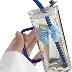 Glazen Beker - Mok Met Rietje - IJskoffie Drinken - Elegante Strik - 13.5 x 6 cm - Groen