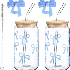 Glazen Bekers - Blikvorm Glazen - IJskoffie Maken - Met Deksel Rietje - 500 ml 2 Stuks - Blauwe Strik