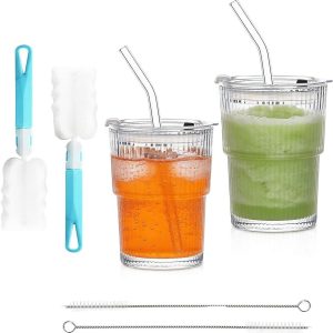 Glazen Bekers - Drinkglazen Set - IJskoffie en Smoothies - Geribbeld Stapelbaar Design - 450 ml 2 Stuks - Transparant