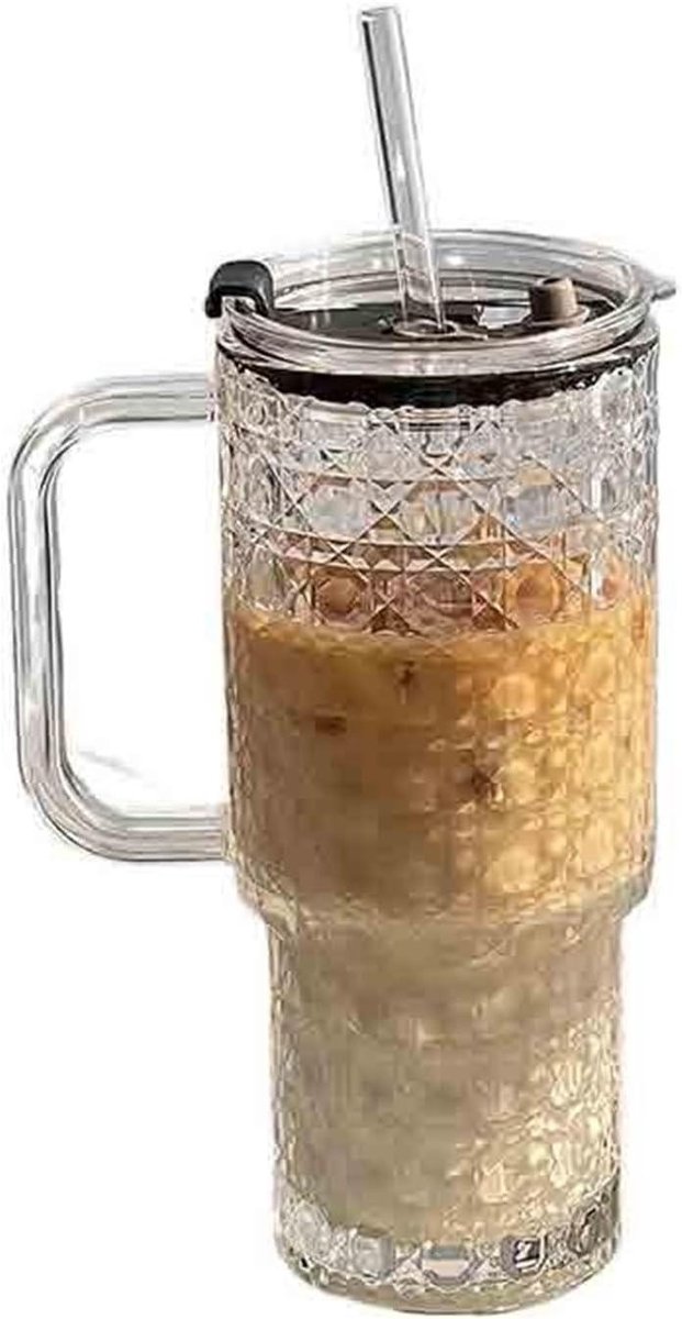 Glazen Bekers - Drinkglazen Set - Ijskoffie en Smoothies - Met Deksel en Rietje - 730 ml - Helder