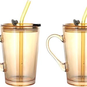 Glazen Bekers - Drinkglazen met handvat - IJskoffie en thee - Set van 2 stuks - 440 ml - Amberkleurig