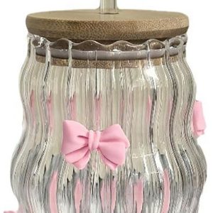 Glazen Bekers - Geribbeld Glaswerk - IJskoffie Sap - Met Strik Decoratie - 450 Milliliter - Roze