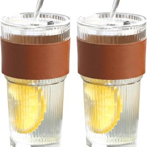 Glazen Bekers - Ijskoffie Kopjes - Hydratatie Ondersteuning - Lekvrij Deksel - 2 stuks 600ml - Transparant