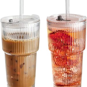 Glazen Bekers - Met Deksel Rietje - IJskoffie Cocktails - Geribbeld Ontwerp - 20 Ounces - Transparant