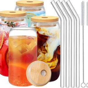 Glazen Bekers met Bamboe Deksel en Rietjes - Set van 4 - 16oz Drinkglazen voor IJskoffie en Cocktails