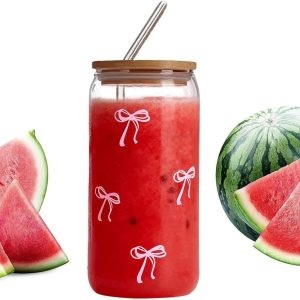 Glazen Bekers met Rietje - IJskoffie Glas Drinkbeker - Dagelijks Gebruik - Strik Decoratie - 500 ml - Helder