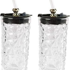Glazen Bekers met Rietjes - IJskoffie Bekers Bierglazen - Drinken Onderweg - Diamant Textuur Grip - 385 ml - Helder