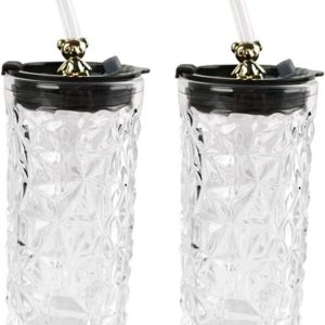 Glazen Bekers met Rietjes - Ijskoffie Beker Bierglas - Genieten van Dranken - Diamant Textuur Grip - 385 ml - Helder