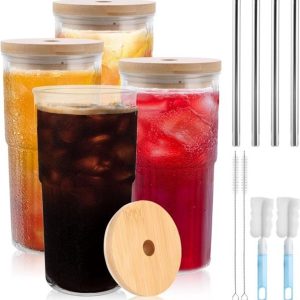 Glazen Bekerset met Deksel en Rietjes (4 stuks) - 700 ml voor Bubble Tea en IJskoffie