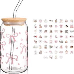Glazen Drinkbeker Set met Deksel en Rietjes, Roze Glazen Beker met Strik & Stickers voor Ijskoffie en Smoothies