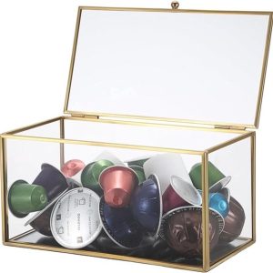 Glazen Koffiecup Houder - Opslagbox Koffiecups - Keuken Organiseren - Met Deksel - 21x11x11cm - Goud