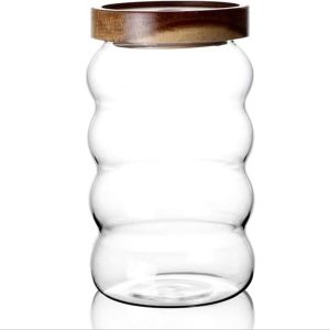 Glazen Opbergpot - Voorraadbus Keuken - Voedsel Bewaren - Luchtdicht Houten Deksel - 700 ML - Transparant