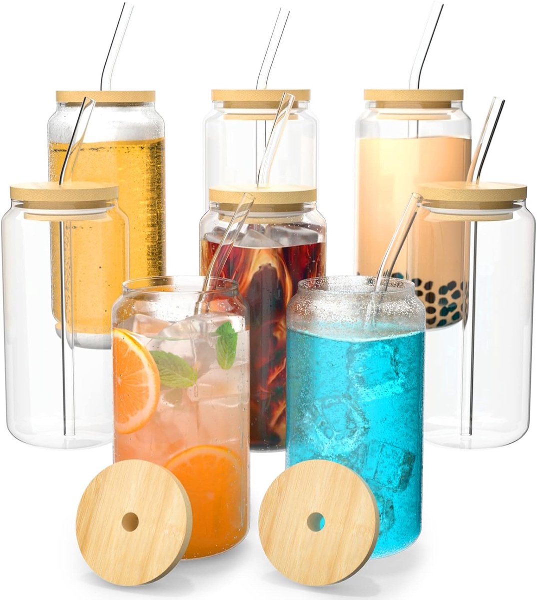 Glazen Set met Deksel en Rietjes 8 Stuks - 450ml Drankglazen voor IJskoffie, Cocktails en Bubble Tea