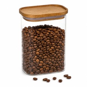 Glazen Voorraadpot 1,3 Liter - Rechthoekige Bewaarpot met Houten Deksel - Luchtdichte Voorraadbus voor Koffie, Rijst, Pasta, Muesli en Noten - Transparant/Bruin