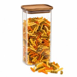 Glazen Voorraadpot 2 Liter - Rechthoekige Bewaarpot met Houten Deksel - Luchtdichte Voorraadbus voor Pasta, Rijst, Muesli en Koffie - Transparant/Bruin