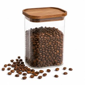 Glazen Voorraadpot 900 ml - Rechthoekige Bewaarpot met Houten Deksel - Luchtdichte Voorraadbus voor Koffie, Thee, Rijst, Noten en Suiker - Transparant/Bruin