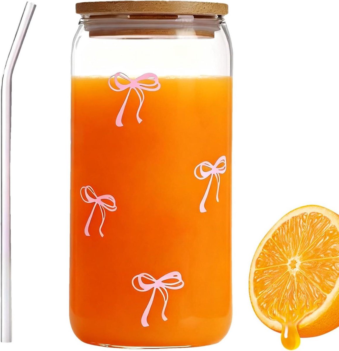 Glazen beker - Drinkbeker met rietje - IJskoffie en thee - Charmante strik decoratie - 500 ml - Transparant