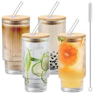 Glazen beker met bamboe deksel en rietje voor ijskoffie - 360 ml - Set van 4