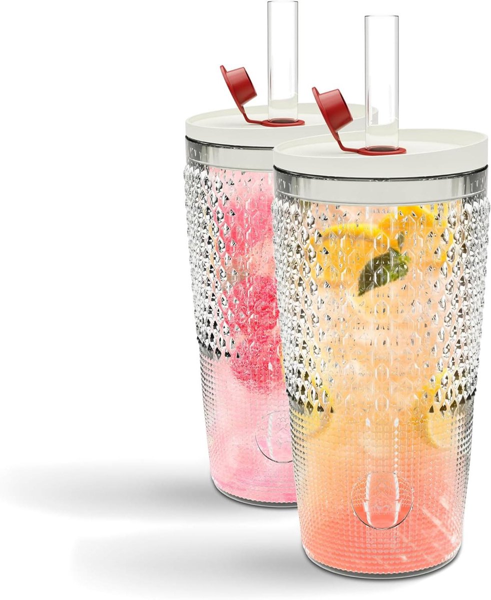 Glazen beker met rietje en deksel 22 oz - Geschikt voor ijskoffie, smoothies en water - Vaatwasmachinebestendig - Tijdloos design