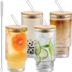 Glazen beker voor ijskoffie met bamboe deksel en rietje - 360 ml - set van 4 - helder highball-glas