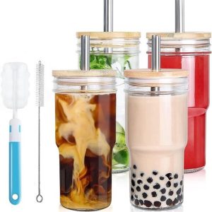 Glazen bekers met bamboe deksels en rietjes - 4-delige set voor cocktails, whisky en ijskoffie - ideaal als cadeau