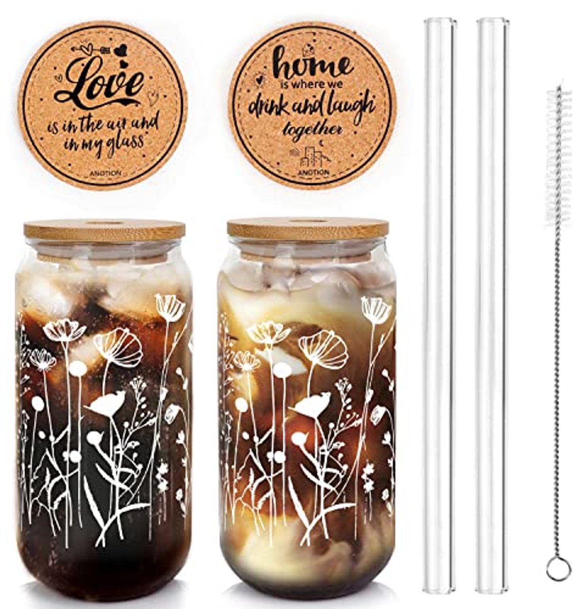 Glazen bekers met deksels en rietjes - Herbruikbare 20oz drinkglazen voor ijskoffie, bier en meer