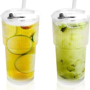 Glazen drinkbekers met deksel en rietje - 600 ml, ideaal voor smoothies, ijskoffie en dranken, set van 2 stuks