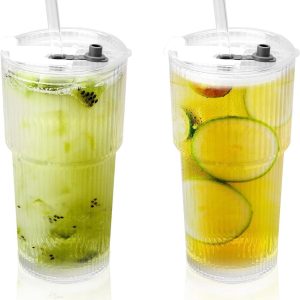 Glazen drinkbekers met deksel en rietje - 600 ml, ideaal voor smoothies, ijskoffie en sap, set van 2 stuks